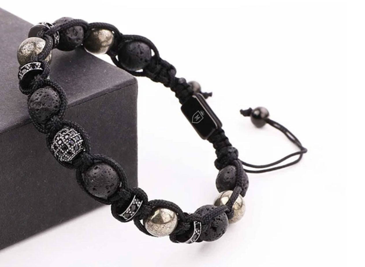 Icon | Pulsera ajustable piedra volcánica y pirita de 8mm para hombre