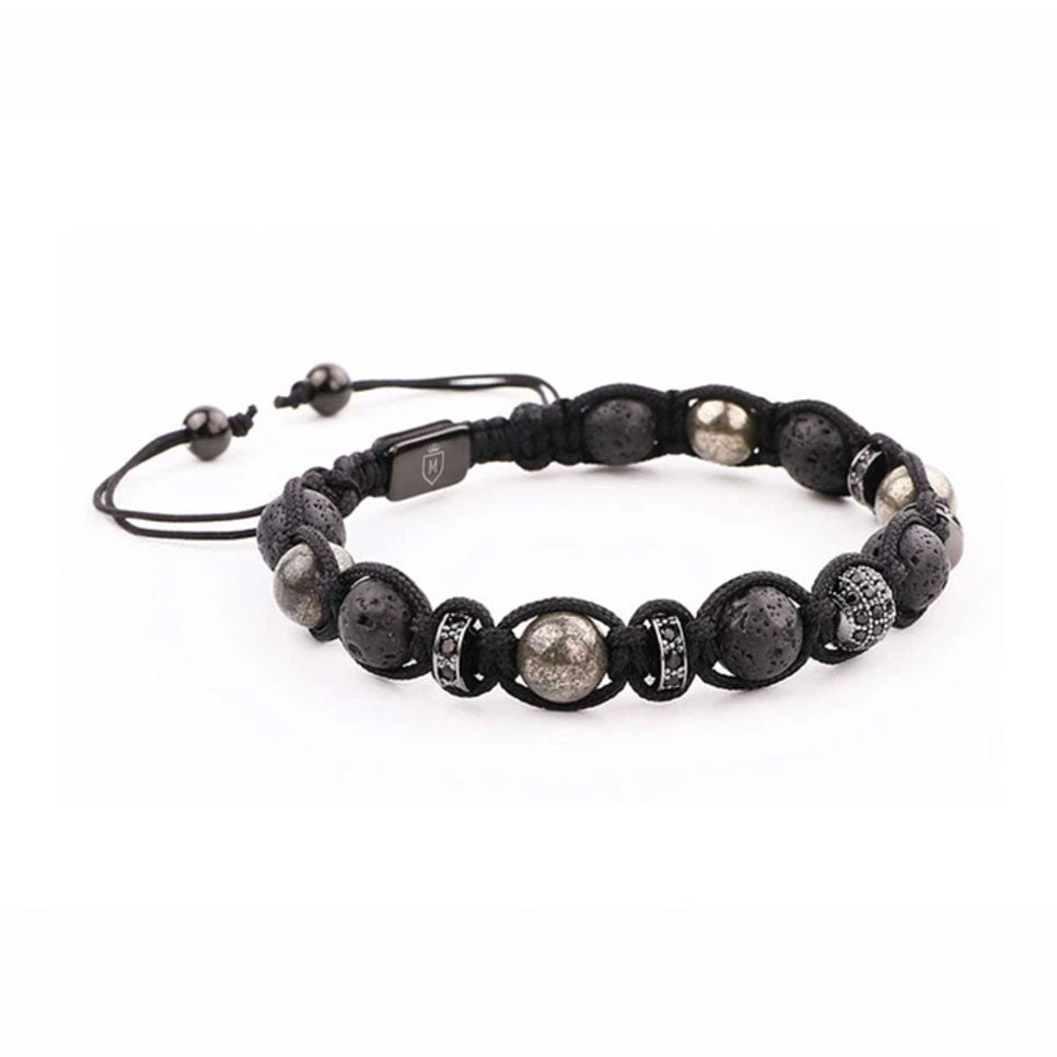 Icon | Pulsera ajustable piedra volcánica y pirita de 8mm para hombre