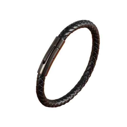 Nara | Pulsera de cuero negro trenzado de 6mm con clip de acero quirúrgico 316L