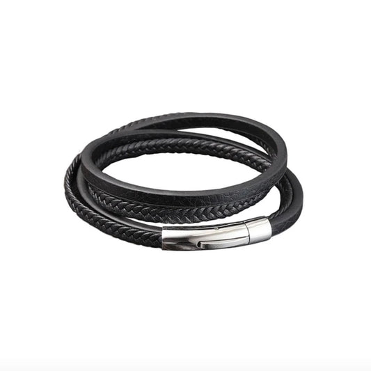Qatar | Pulsera negra de cuero para hombre con broche de acero quirúrgico