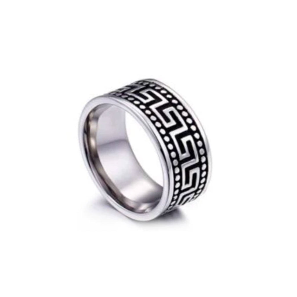 Anillo Shapes con greca griega grabada en acero quirúrgico MONAK