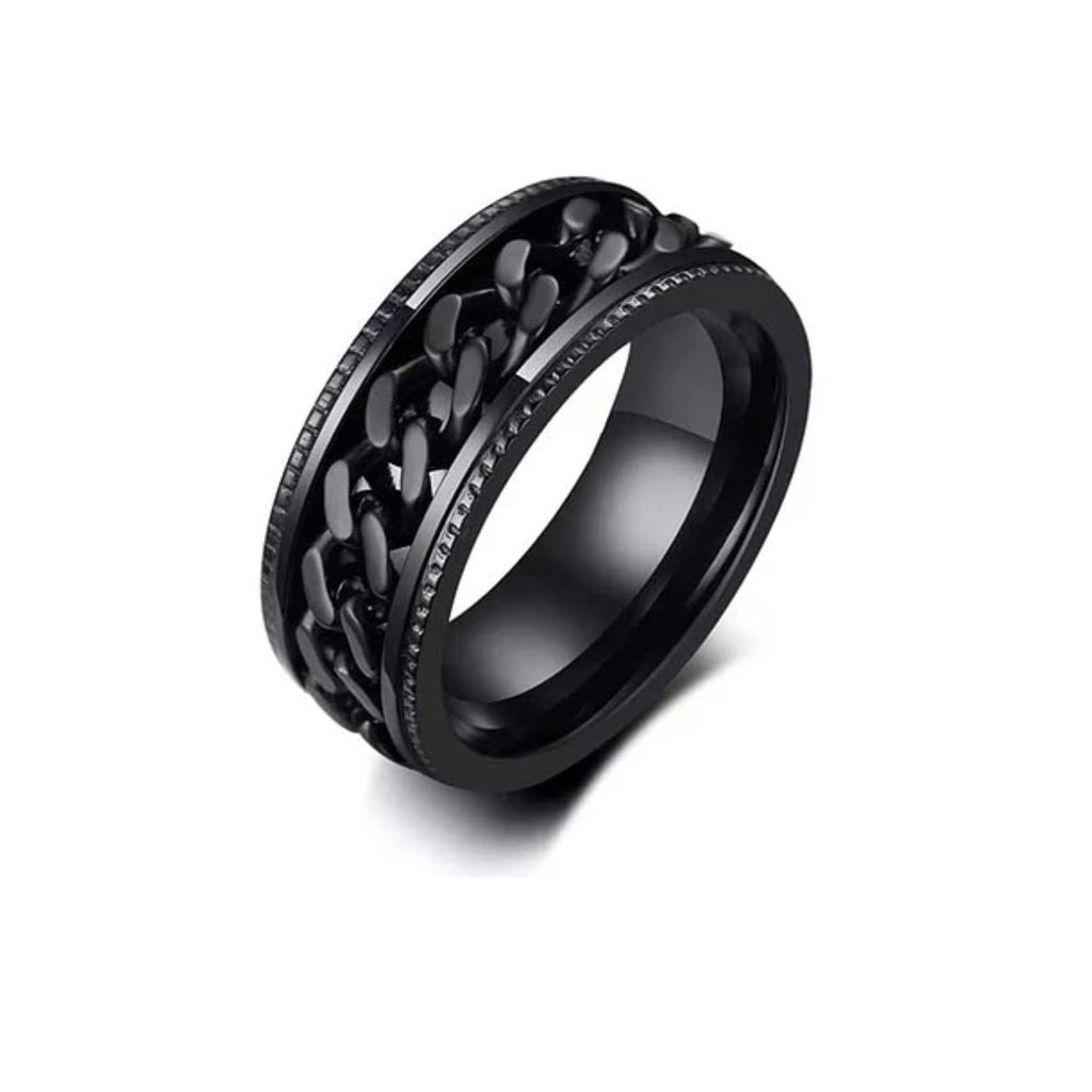 Anillo negro con patrón de cadena de acero quirúrgico MONAK