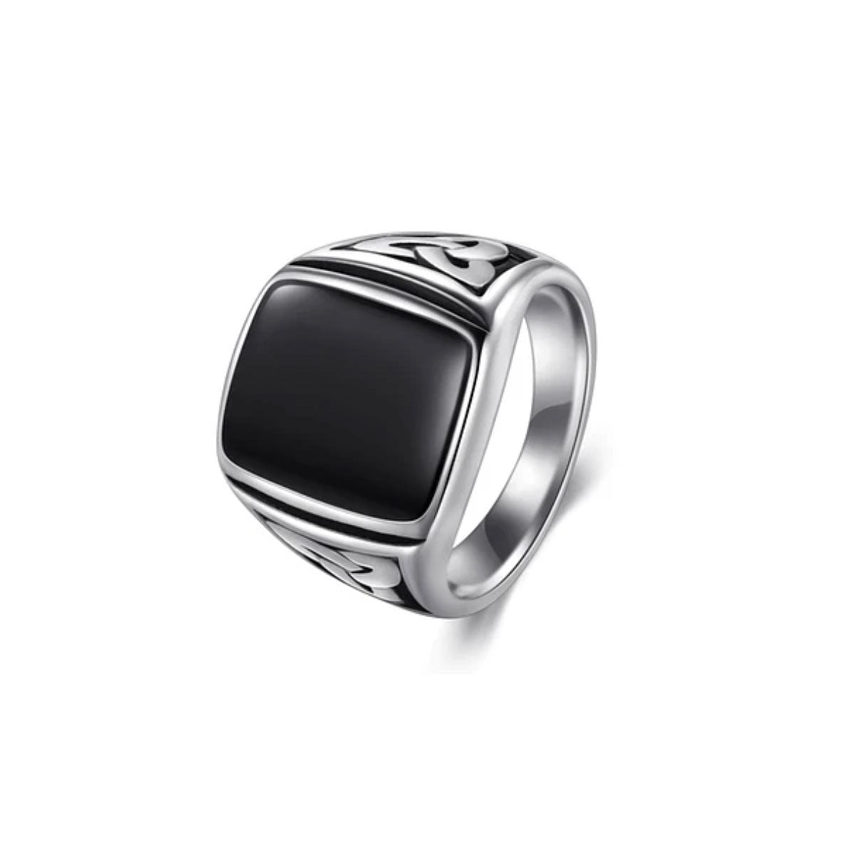 Anillo Faces con piedra negra cuadrada de acero MONAK