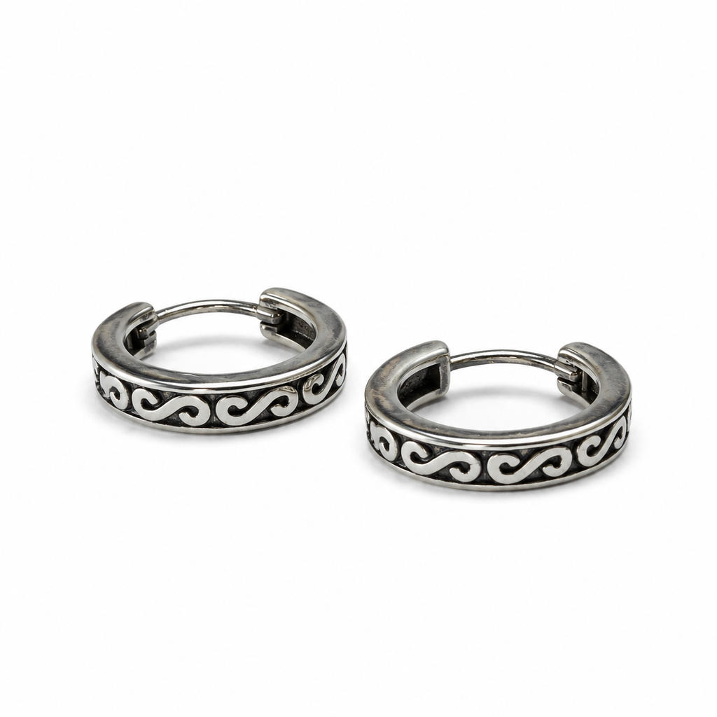 Aros argolla Egeo de acero quirúrgico con grabado de olas en negro para hombre MONAK