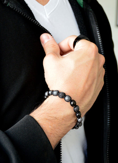 Ice | Pulsera ajustable onyx y hematita de 8mm para hombre