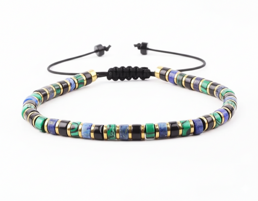 Pulsera Niza de piedras naturales verde y azul con detalles dorados MONAK
