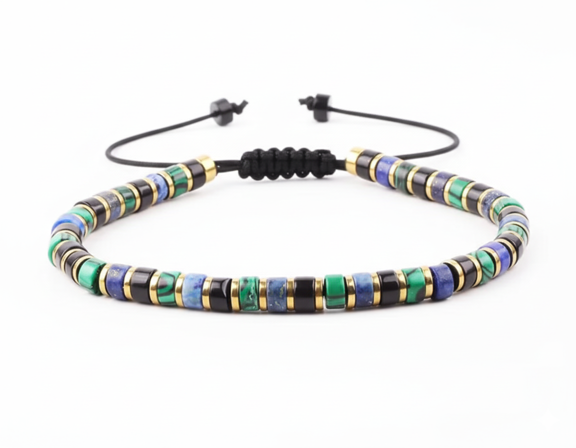 Pulsera Niza de piedras naturales verde y azul con detalles dorados MONAK