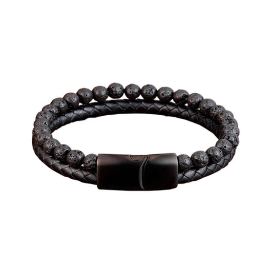 Turin | Pulsera de cuero trenzado y piedra volcánica para hombre